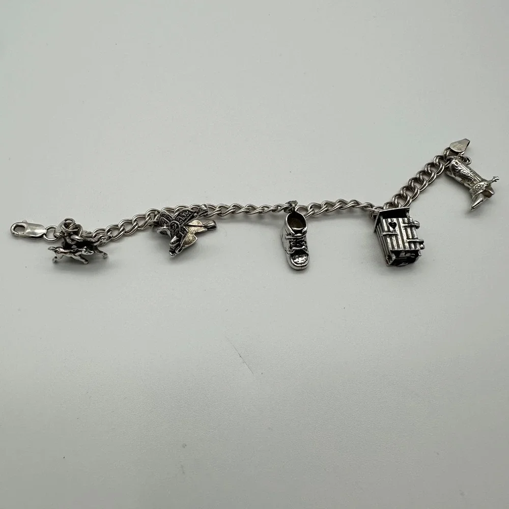 Kids Sterling Silver 925 Western Charm Bracelet Horses Boot Outhouse 22g Italy
